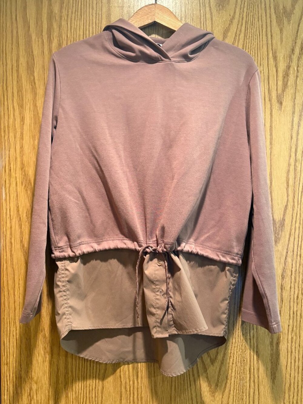 Athleta Hooded Mixed Media Pullover Mauve Taupe Drawstring Waist